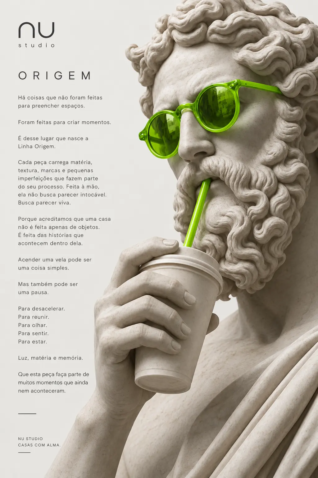 Manifesto visual da Linha Origem com escultura clássica